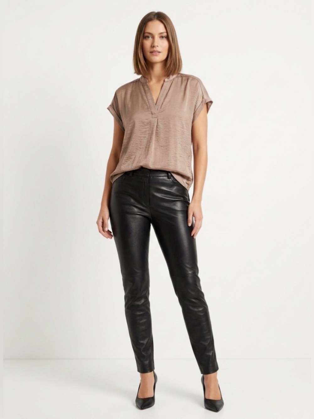 Maison D’Amelie Champagne Satin Blouse‎ L Luxe Minimalist V-Neck Cap Sleeve Top